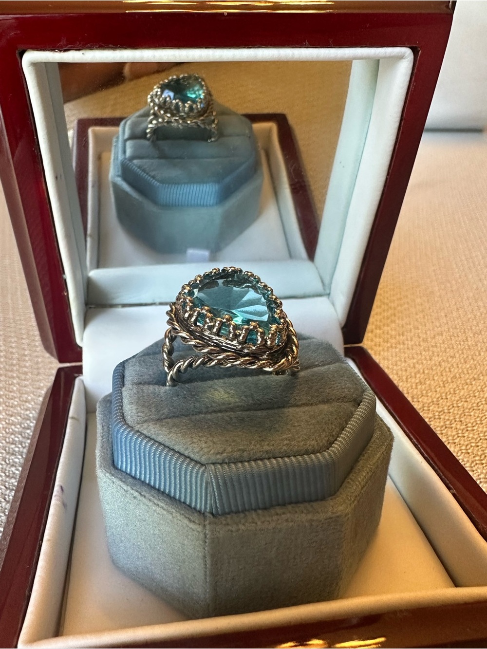 1950-1960 West Germany Blue Glass Statement Cocktail Ring Ornate Rope Twist Sz 7